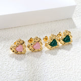 Pink & Green & Navy Blue Diamonds Convex Heart Stud Earrings 15*15.6mm Gold Color