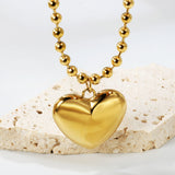 26.5*23mm Hollow Heart Pendant Necklace 4.0 Wave Bead Chain 45+5cm+6mm Round Plaque Steel Color