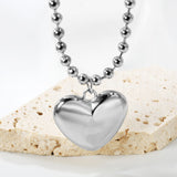 26.5*23mm Hollow Heart Pendant Necklace 4.0 Wave Bead Chain 45+5cm+6mm Round Plaque Steel Color