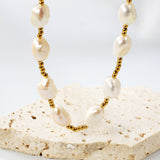 7*9mm freshwater pearl+2mm steel bead necklace 40+5cm+6mm round plaque Gold color