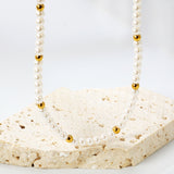 3.2mm white shell beads + 3mm small steel beads necklace 40+5cm+6mm round plaque gold color