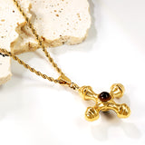 Cross with Round Brown Cat's Eye Pendant 30.2*35mm Twist Chain Necklace 2*45+5cm