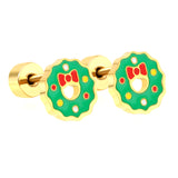 Children's Christmas green oil drop round twist plug earrings gold color