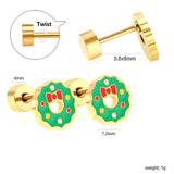 Children's Christmas green oil drop round twist plug earrings gold color