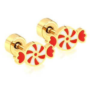 Children's Christmas carousel candy shape twist plug earrings gold color