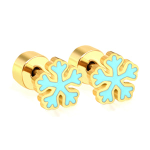 Children's Christmas snowflake shaped twisted plug earrings gold color