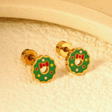 Children's Christmas green oil drop round twist plug earrings gold color