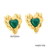 Pink & Green & Navy Blue Diamonds Convex Heart Stud Earrings 15*15.6mm Gold Color