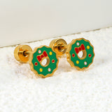 Children's Christmas green oil drop round twist plug earrings gold color