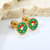 Children's Christmas green oil drop round twist plug earrings gold color