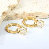 2*10mm circle + 7*9.5mm snowflake earrings with white oil drops steel color/golden color