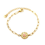 3.3mm Matching Chain + 14.2mm Round Cake with Pink Cat's Eye Stones Bracelet 17+5cm