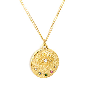 Round Mixed Color Diamonds + Eye Pendant Necklace 40+6cm