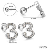 Steel ball screw-in numbers 1~9 with white diamond earrings 6*10mm