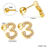 Steel ball screw-in numbers 1~9 with white diamond earrings 6*10mm