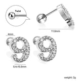 Steel ball screw-in numbers 1~9 with white diamond earrings 6*10mm