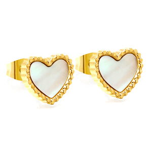 Beaded Edge Heart with White Shell Stud Earrings 10.7*10mm