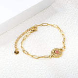 3.3mm Matching Chain + 14.2mm Round Cake with Pink Cat's Eye Stones Bracelet 17+5cm