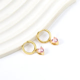 2x14mm Circle with Heart Diamond Pink Stud Earrings 6.4*7.2mm