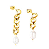 Spring 2024 One Long One Short Matching Chain with White Pearls 7.6*9.6mm Stud Earrings