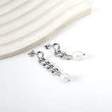 Spring 2024 One Long One Short Matching Chain with White Pearls 7.6*9.6mm Stud Earrings