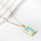 Spring 2024 Rectangle Lion Lake Blue Pattern Pendant 16*22mm Necklace 45+5cm