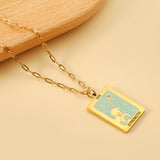 Spring 2024 Rectangle Lion Lake Blue Pattern Pendant 16*22mm Necklace 45+5cm