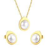 Teardrop shaped jewelry set with half white pearl steel color / gold