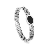 Woven mesh bracelet with black round oil drops.