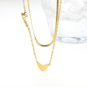 Heart 11*7mm+love engraved 17*5mm pendant with chain double chain necklace 41+45+5cm gold color