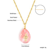 Pink Teardrop Stone with Gold Pattern Pendant 13.4*18.8mm Necklace 40+5cm Golden