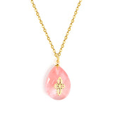 Pink Teardrop Stone with Gold Pattern Pendant 13.4*18.8mm Necklace 40+5cm Golden