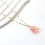 Pink Teardrop Stone with Gold Pattern Pendant 13.4*18.8mm Necklace 40+5cm Golden