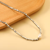 3mm small square with a white pearl pendant 9.5*7.5mm necklace 40+5cm