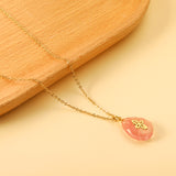 Pink Teardrop Stone with Gold Pattern Pendant 13.4*18.8mm Necklace 40+5cm Golden