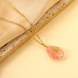 Pink Teardrop Stone with Gold Pattern Pendant 13.4*18.8mm Necklace 40+5cm Golden