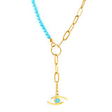 Lake blue eye pendant 17.8*7.6mm + half lake blue beads half matching chain necklace 40+5cm