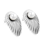 Oval Leaf with 1 White Pearl Stud Earrings 15.2*24mm