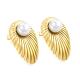 Oval Leaf with 1 White Pearl Stud Earrings 15.2*24mm