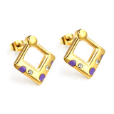 Square with purple oil drops with 2 white diamonds earrings 19.8*20.7mm