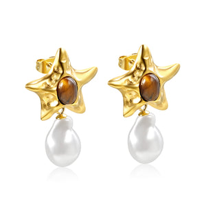 Starfish Pitted Faceted with Oval Brown Cat's Eye Stones + Shaped White Pearl Stud Earrings 21.5*36mm