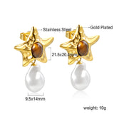 Starfish Pitted Faceted with Oval Brown Cat's Eye Stones + Shaped White Pearl Stud Earrings 21.5*36mm