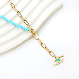 Lake blue eye pendant 17.8*7.6mm + half lake blue beads half matching chain necklace 40+5cm