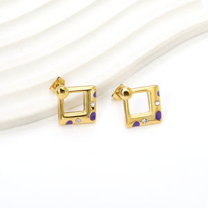 Square with purple oil drops with 2 white diamonds earrings 19.8*20.7mm