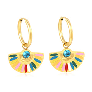 2*18.5mm Circle+Scalloped with Colorful Oil Drops+Semi-circle Blue Turquoise Earrings 21.3*14.6mm