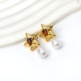 Starfish Pitted Faceted with Oval Brown Cat's Eye Stones + Shaped White Pearl Stud Earrings 21.5*36mm