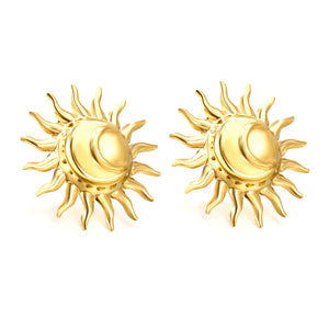 Sun with Moon Stud Earrings 26mm Gold Color