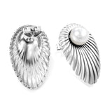 Oval Leaf with 1 White Pearl Stud Earrings 15.2*24mm