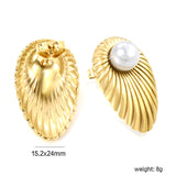 Oval Leaf with 1 White Pearl Stud Earrings 15.2*24mm