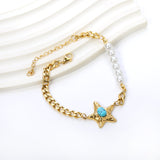 Starfish with Oval Blue Turquoise 21.7mm + 6 White Pearls 6mm Bracelet 18+5cm